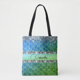 Glittery Blue Green Mermaid Diamond Bling Tote Bag