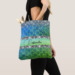 Glittery Blue Green Mermaid Diamond Bling Tote Bag