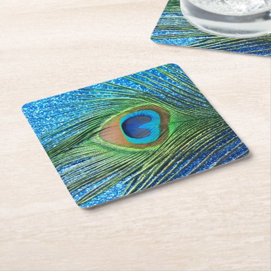 Glittery Blue Peacock Kartonnen Onderzetters (Schuin)