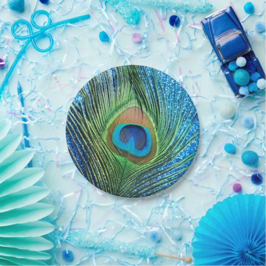 Glittery Blue Peacock Papieren Bordje (Feest)