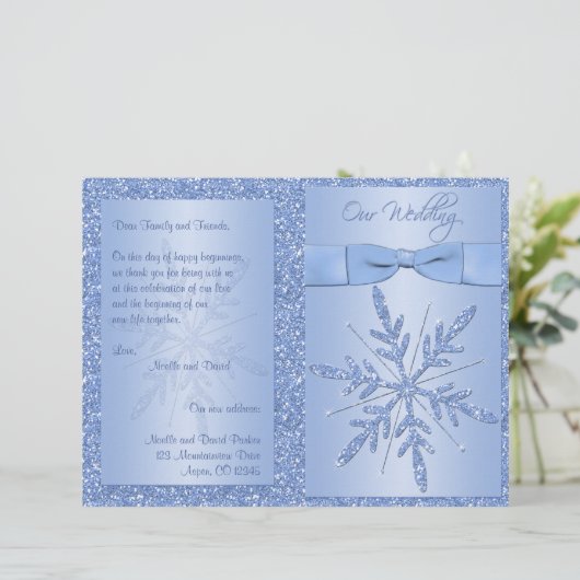 Glittery Blue Snowflake Wedding Programme (Staand voorkant)