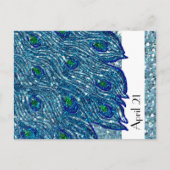 Glittery Blue Spangle Peacock Bewaar de datum Aankondigingskaart (Voorkant)