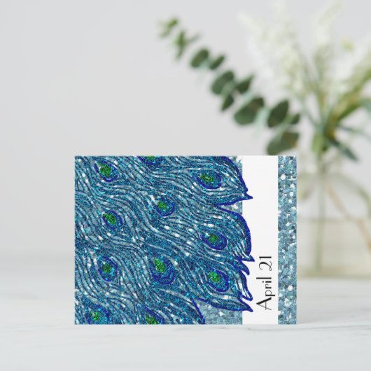 Glittery Blue Spangle Peacock Bewaar de datum Aankondigingskaart (Staand voorkant)