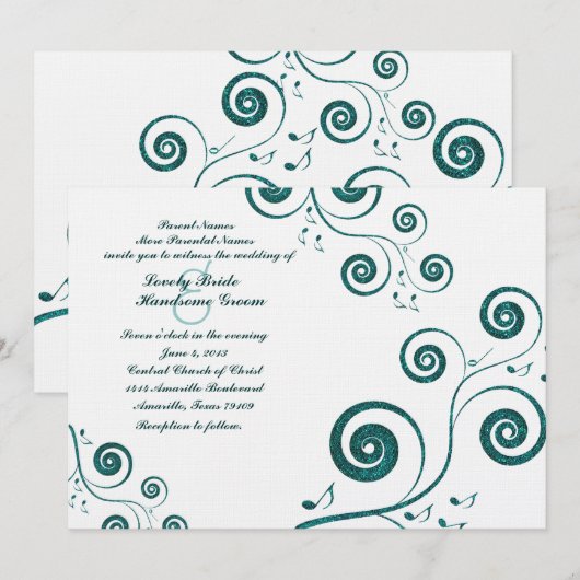 Glittery Blue Swirls Music Wedding Invitation Kaart (Voorkant / Achterkant)