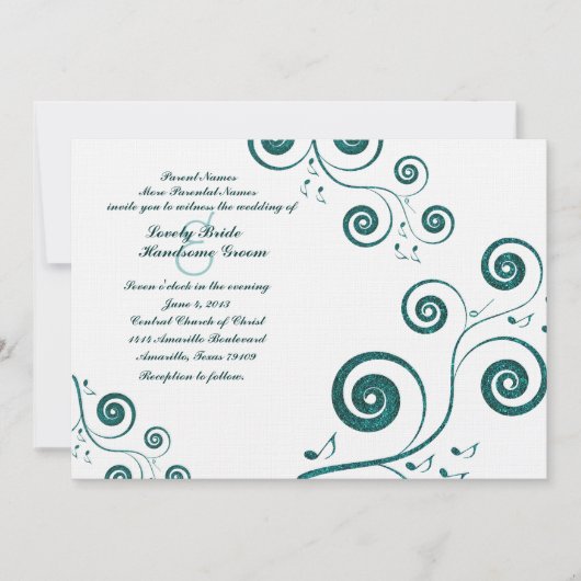 Glittery Blue Swirls Music Wedding Invitation Kaart (Voorkant)