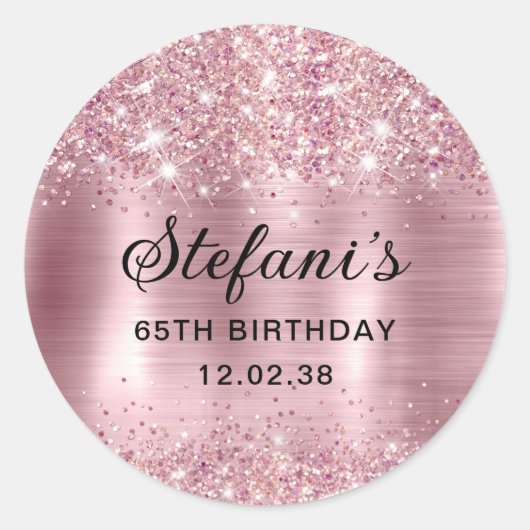Glittery Blush Roos Goudfolie 65e Verjaardag Ronde Sticker (Voorkant)
