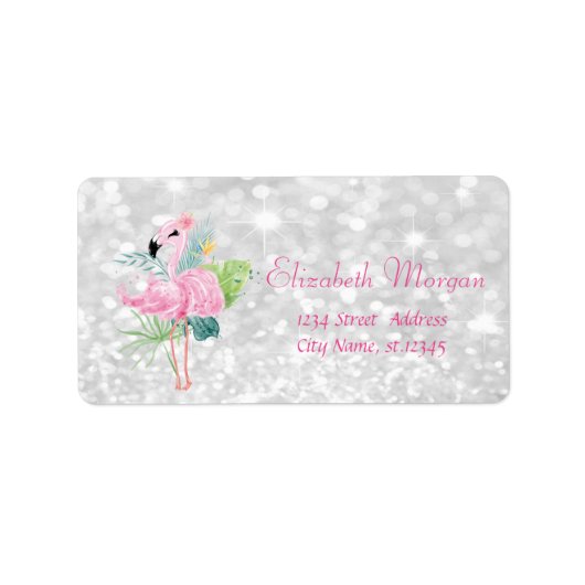 Glittery, Bokeh, Tropische bladeren, roze flamingo Etiket (Voorkant)