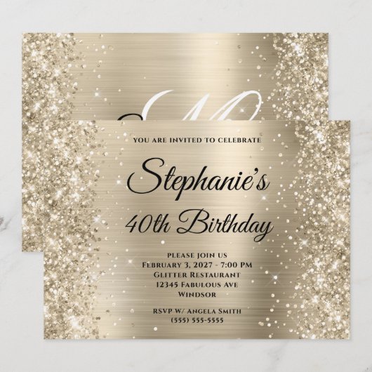 Glittery Bord Goud Fancy Monogram 40e Verjaardag Kaart (Voorkant / Achterkant)