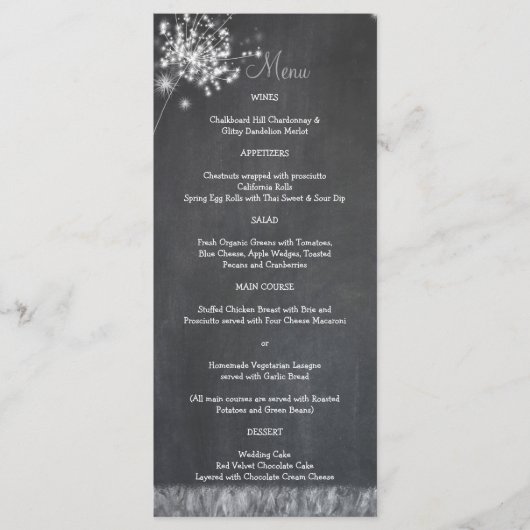 Glittery Chalkboard Paardebloemen Bruiloft Menu (Voorkant)