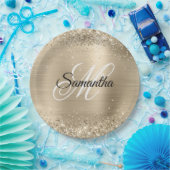 Glittery Champagne Folie Fancy Monogram Papieren Bordje (Feest)