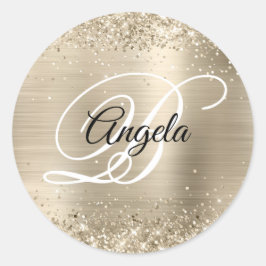 Glittery Champagne Folie Fancy Monogram Ronde Sticker