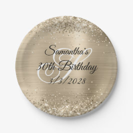 Glittery Champagne Folie Monogram 30ste Verjaardag Papieren Bordje