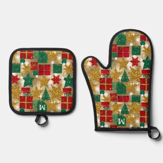 Glittery Christmas Pattern Ovenwant & Pannenlap Set (Voorkant)