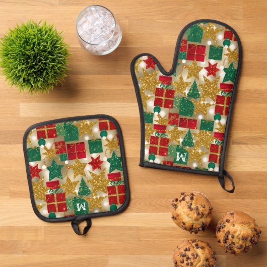 Glittery Christmas Pattern Ovenwant & Pannenlap Set (Top down)