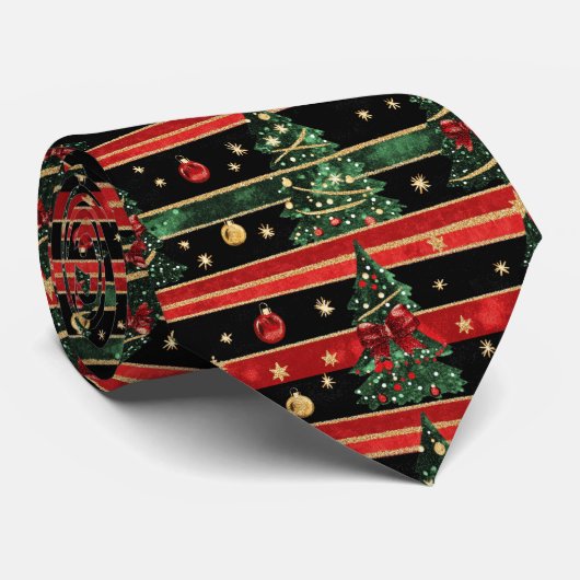Glittery Christmas Tree - Red Black Green Striped Stropdas (Opgerold)