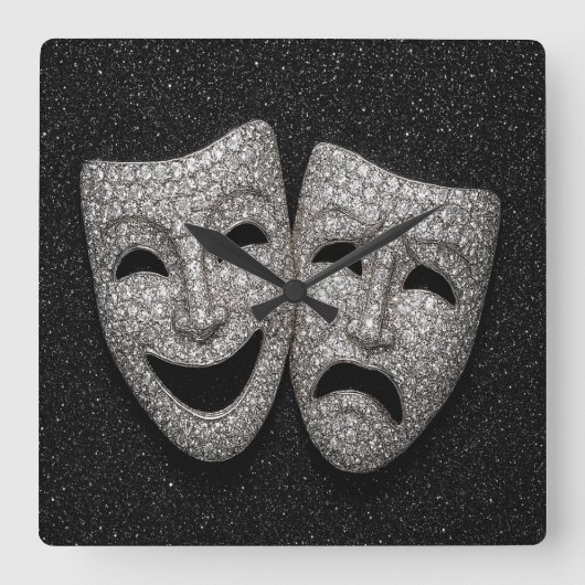 Glittery Comedy & Tragedy Drama Mask Vierkante Klok (Voorkant)