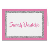 Glittery Dark Pink & Silver Personal Note Card (Voorkant Horizontaal)