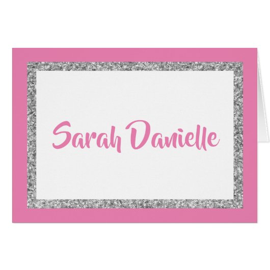 Glittery Dark Pink & Silver Personal Note Card (Voorkant Horizontaal)