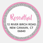 Glittery Dark Pink & Silver Retouradres Ronde Sticker (Voorkant)