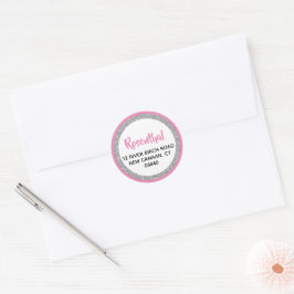 Glittery Dark Pink & Silver Retouradres Ronde Sticker