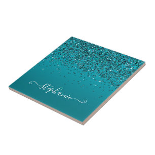 Glittery Dark Turquoise Gradient Girly Calligraphy Tegeltje