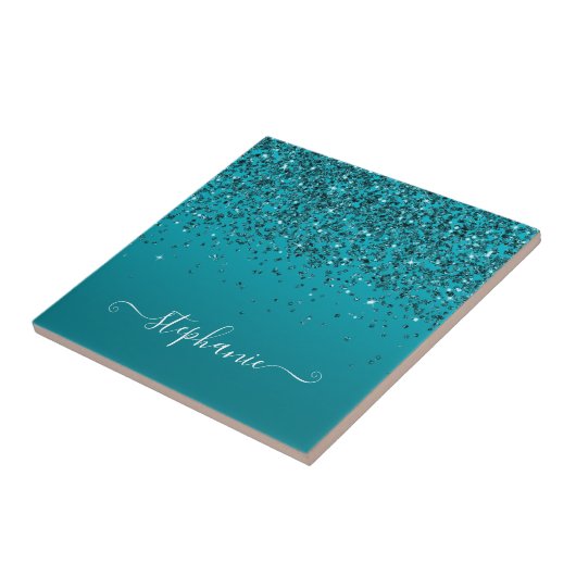 Glittery Dark Turquoise Gradient Girly Calligraphy Tegeltje (Zijkant)
