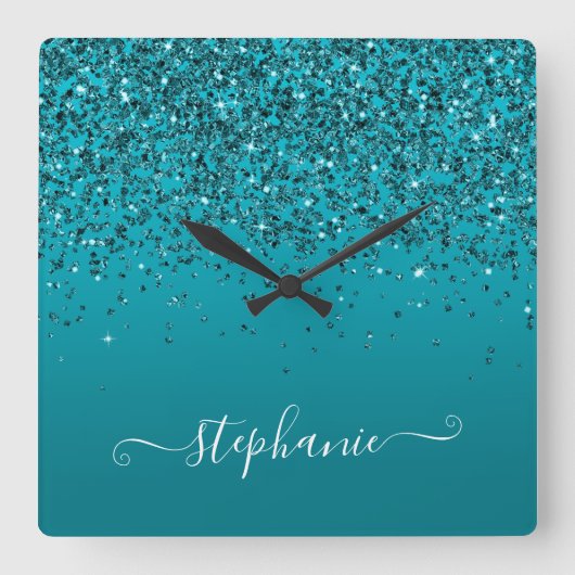 Glittery Dark Turquoise Gradient Girly Calligraphy Vierkante Klok (Voorkant)
