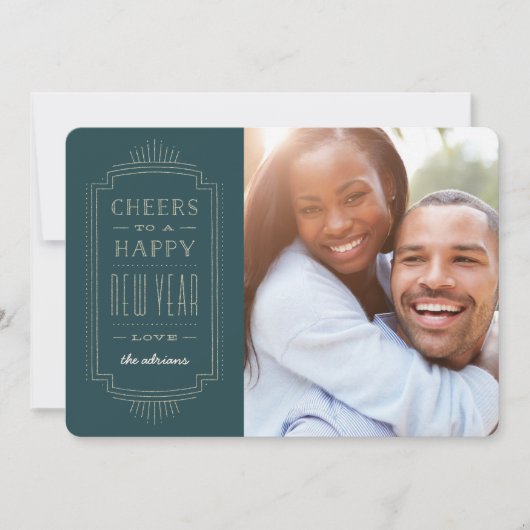 Glittery Deco New Year Holiday Kaart - Blauwgroen (Voorkant)