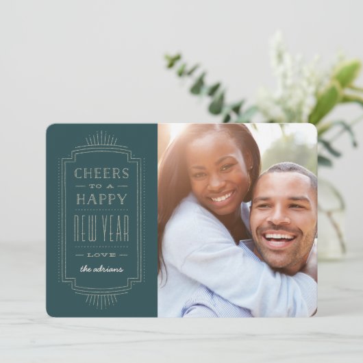 Glittery Deco New Year Holiday Kaart - Blauwgroen (Staand voorkant)