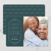 Glittery Deco New Year Holiday Kaart - Blauwgroen (Voorkant / Achterkant)