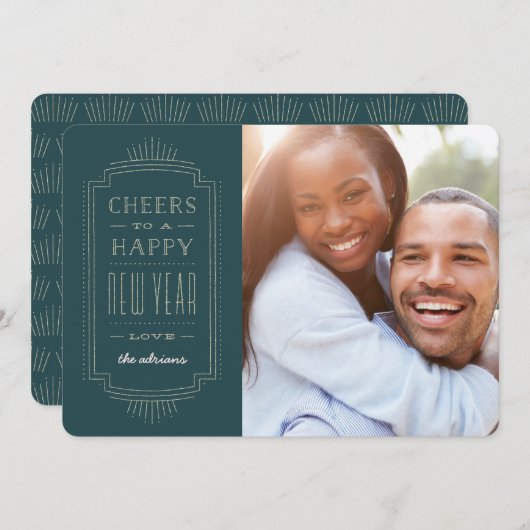 Glittery Deco New Year Holiday Kaart - Blauwgroen (Voorkant / Achterkant)