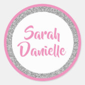 Glittery Donkerroze en Zilveren Naam Favor Sticker (Voorkant)