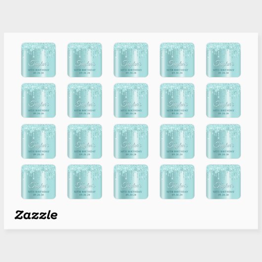 Glittery Drips Light Turquoise Ombre Drop Shadow Vierkante Sticker (Vel)