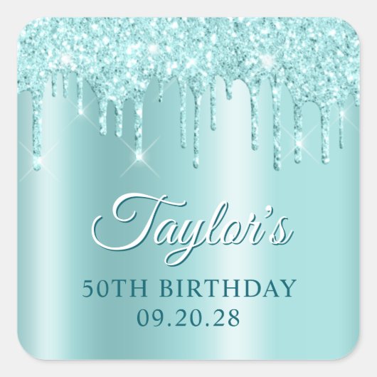 Glittery Drips Light Turquoise Ombre Drop Shadow Vierkante Sticker (Voorkant)