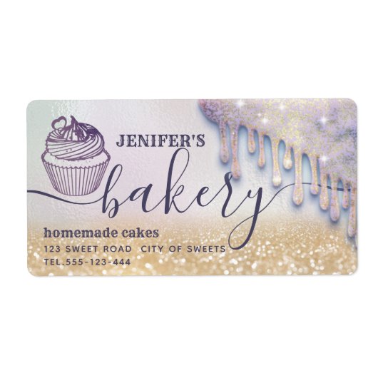 Glittery druppels cupcake-chef-banketbakkerij etiket (Voorkant)