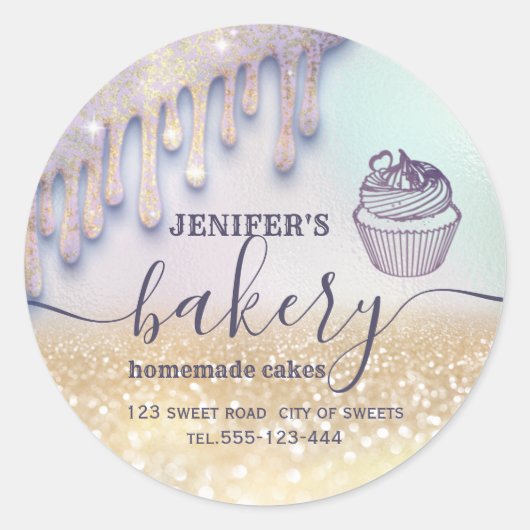 Glittery druppels cupcake-chef-banketbakkerij ronde sticker (Voorkant)