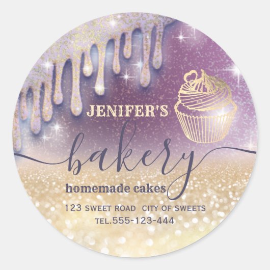 Glittery druppels cupcake-chef-banketbakkerij ronde sticker (Voorkant)