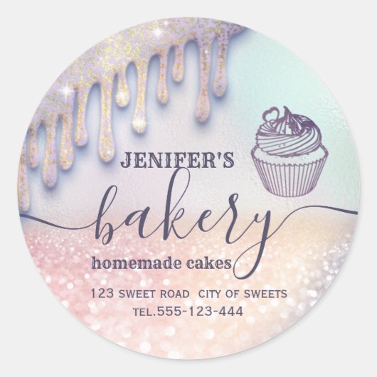 Glittery druppels cupcake-chef-banketbakkerij ronde sticker (Voorkant)