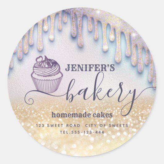 Glittery druppels cupcake chef script bakery class ronde sticker (Voorkant)