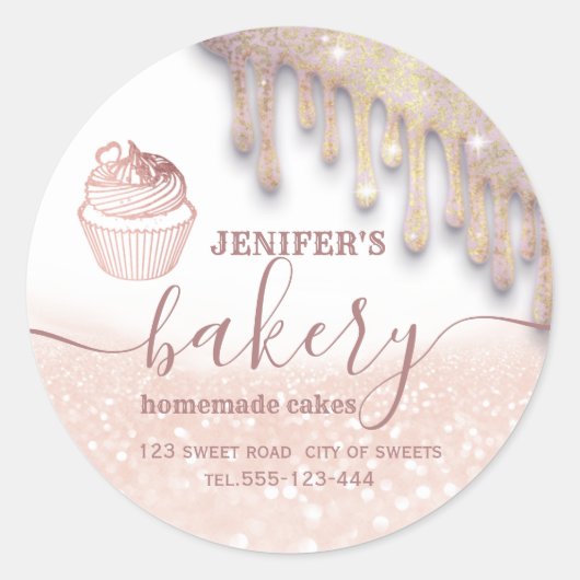 Glittery druppels cupcake chef script bakery class ronde sticker (Voorkant)