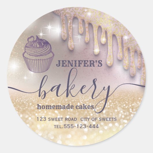 Glittery druppels cupcake chef script bakery class ronde sticker (Voorkant)