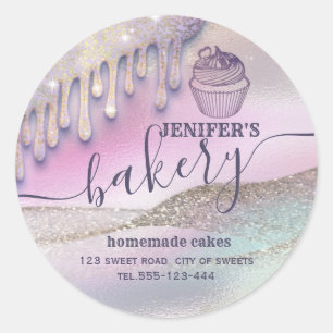 Glittery druppels cupcake chef script bakery class ronde sticker