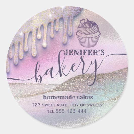 Glittery druppels cupcake chef script bakery class ronde sticker (Voorkant)