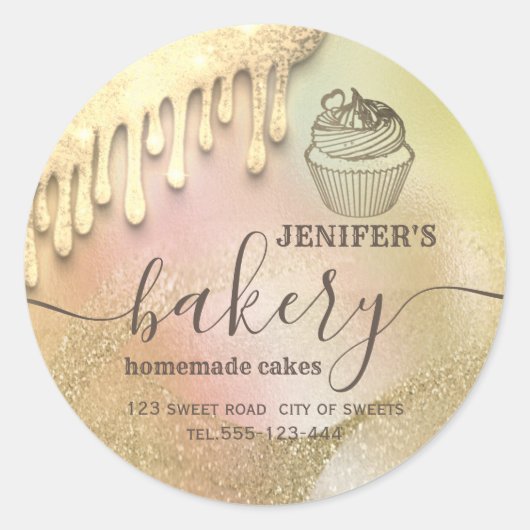 Glittery druppels cupcake chef script bakery class ronde sticker (Voorkant)