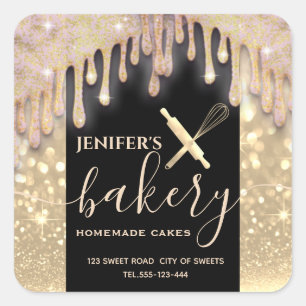 Glittery druppels whisk rollende pin bakkerij labe vierkante sticker