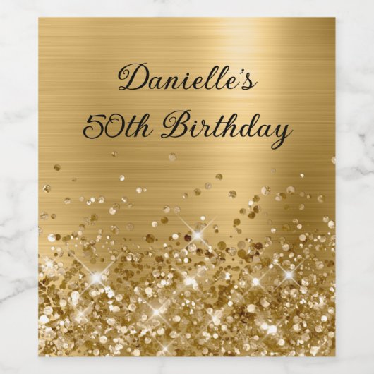 Glittery Edge Gold Foil 50th Birthday Wijn Etiket (Enkel label)