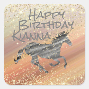Glittery eenhoorn gepersonaliseerde verjaardag vierkante sticker