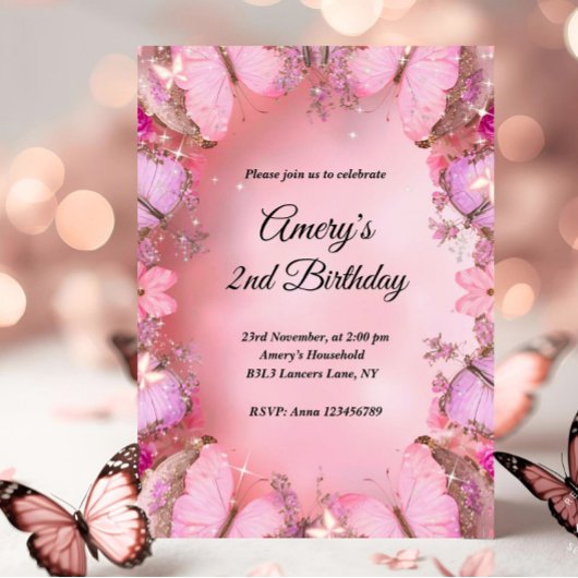 Glittery Elegant Pink Purple Butterfly Birthday Kaart