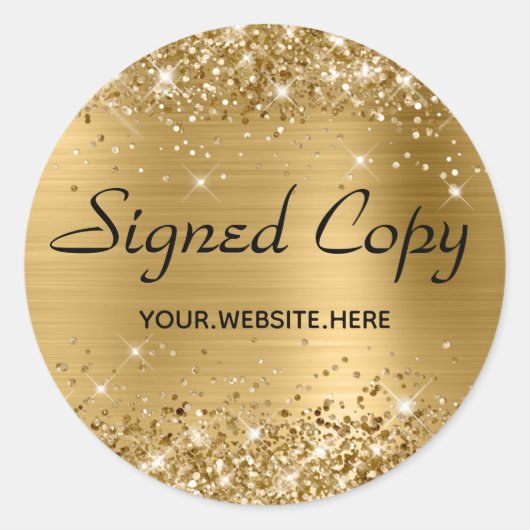 Glittery Faux Gold Foil Signed Copy met URL Ronde Sticker (Voorkant)