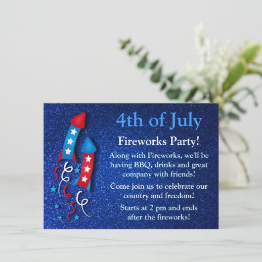 Glittery Fireworks Rocket, 4 juli, uitnodigingen (Staand voorkant)